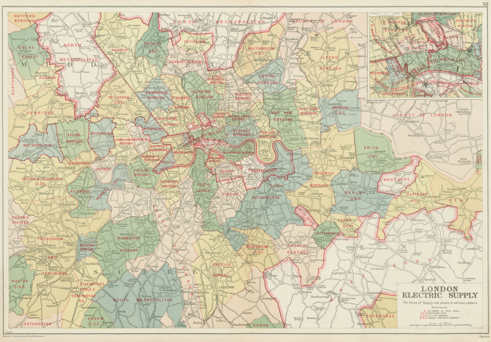 LONDON ELECTRICITY SUPPLY areas. Corporation. Metropolitan. BACON 1934 old map